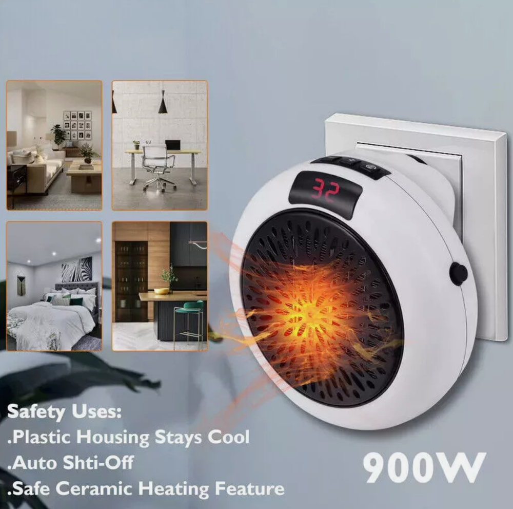 900W Space Heater Digital Electric Heater Wall Outlet Plug Small Fan Home Warmer