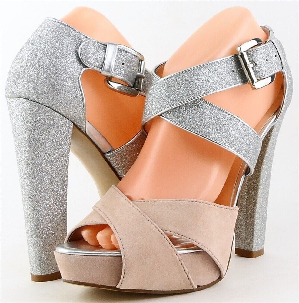Aqua Moxie Pink Suede Silver Glitter Evening Platform Pumps Size 6.5 $115
