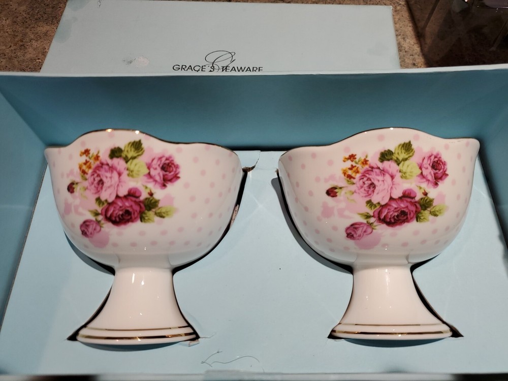 2 Grace's Teaware Tea Cups Coffee Mugs Roses Gold Trim New NIB