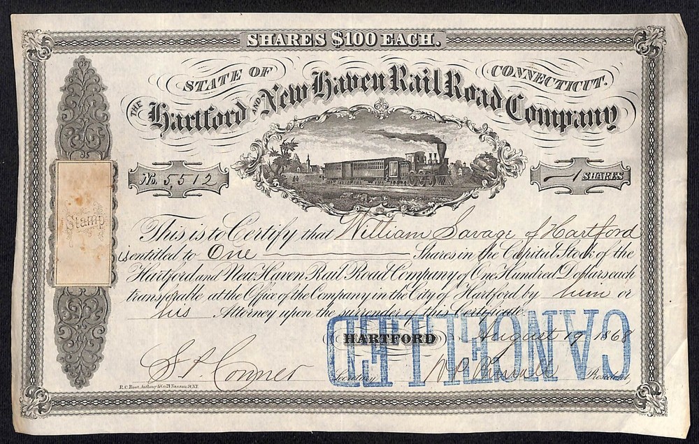 ハートフォード・アンド・ニューヘイブン鉄道 1868年在庫証明書#5512 William Savage