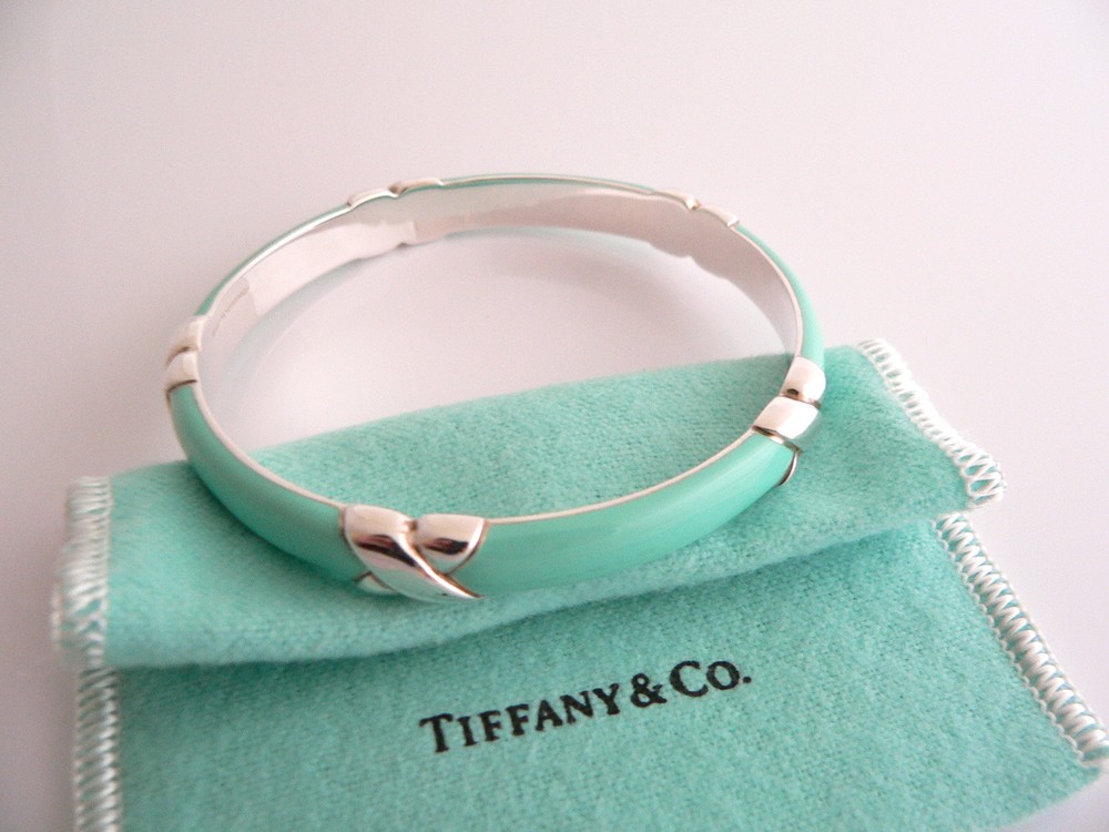 Tiffany & Co Silver Blue Enamel X Bangle Bracelet with Gift Pouch