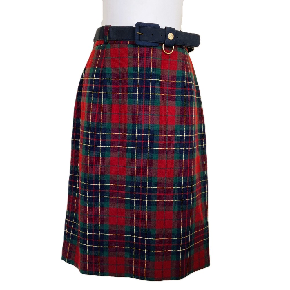 Vintage Wool Plaid Pencil Skirt Red Green Tartan with Belt Petites 30in