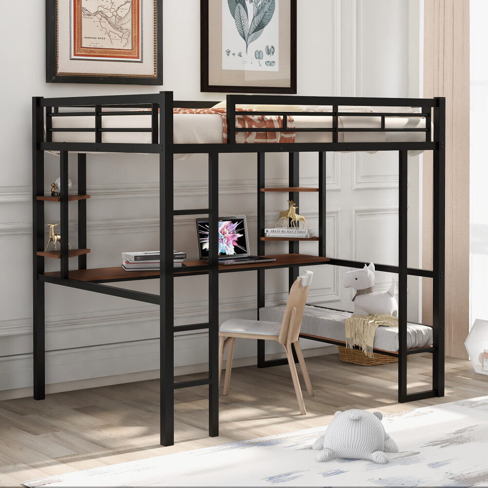 Full Size Black Loft Bed with Long Desk Shelves and Built-in Ladder - Metal & MDF Frame