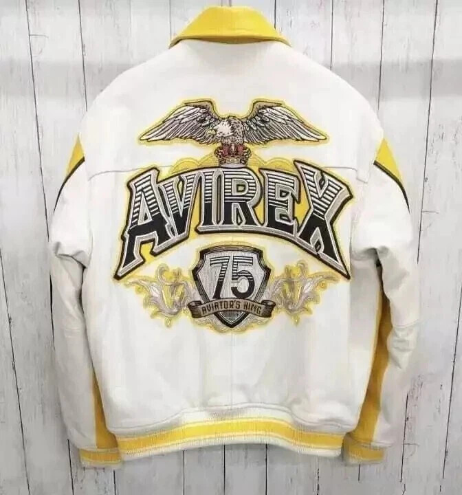Men’s Avirex Yellow Cowhide Leather Jacket Aviator’s 75 Kings Bomber Jacket