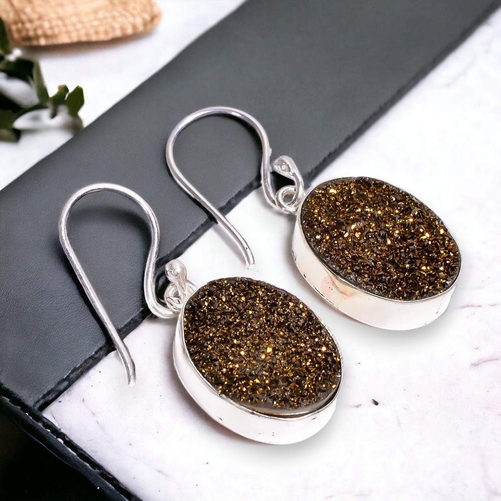 Natural Titanium Druzy Gemstone Multi-Color Drop Earrings in 925 Sterling Silver