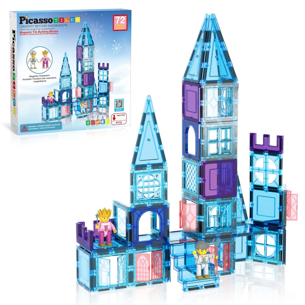 PicasssoTiles 72 Piece Magnetic Building Tiles Castle Winter Ice Theme Construct