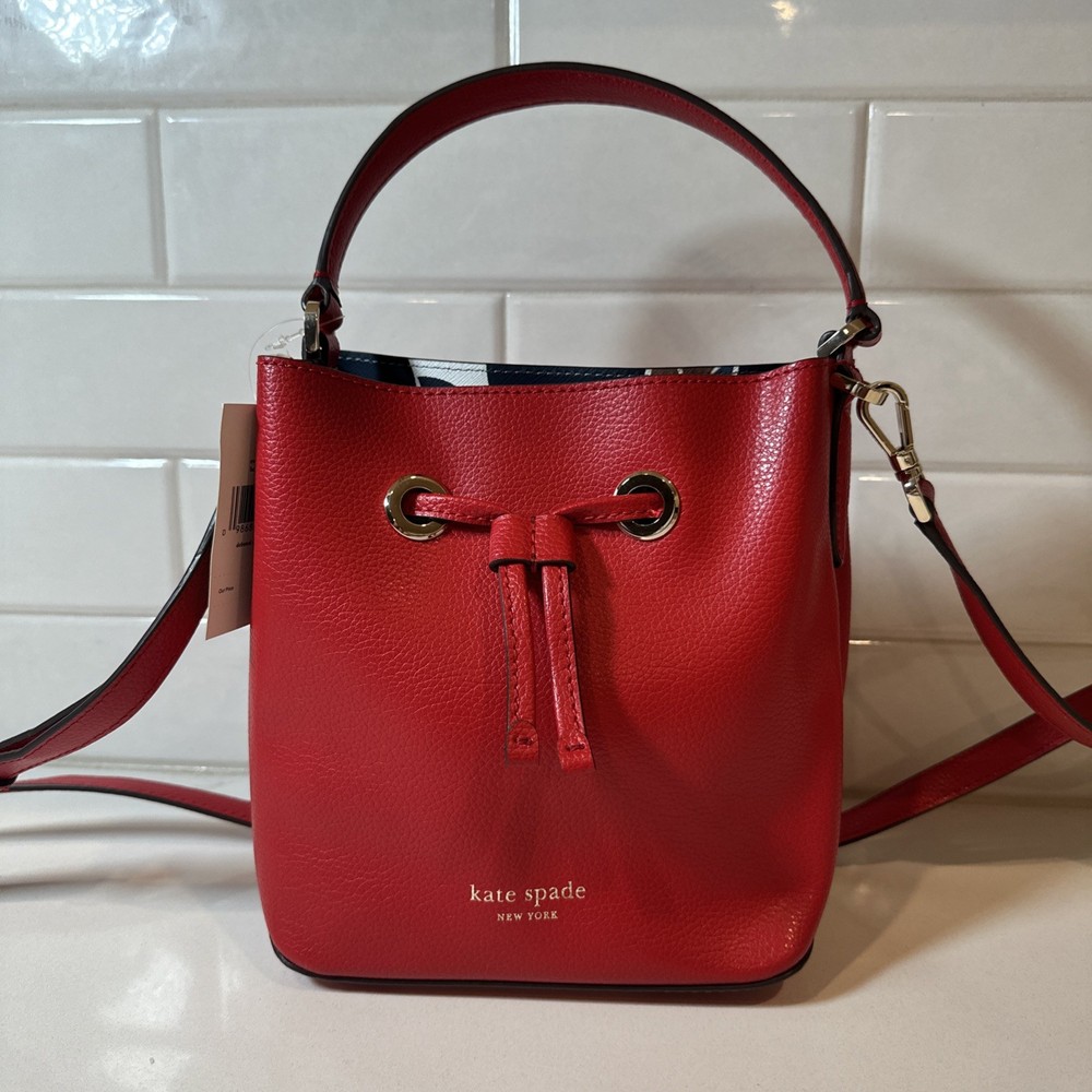 NWT Kate Spade Eva Red / Floral Refined Grain Leather Small Bucket Crossbody bag