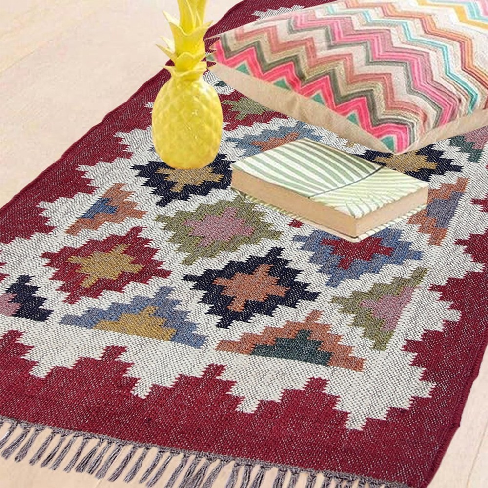 Indian Handmade Minimalist Rug 2.5x4 ft Wool & Jute Flatwoven Bedside Accent