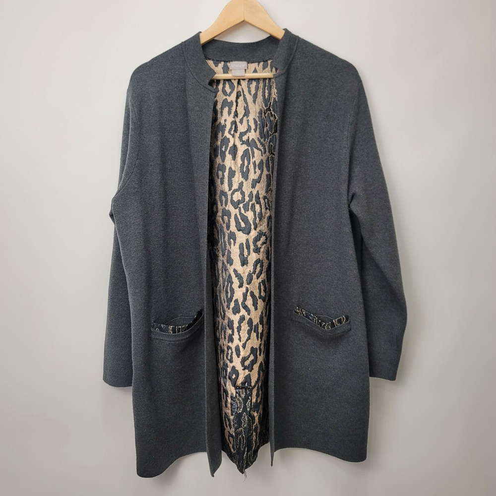 Chicos Cardigan Sweater Size 2 (Large) Gray Metallic Leopard Animal Print Back