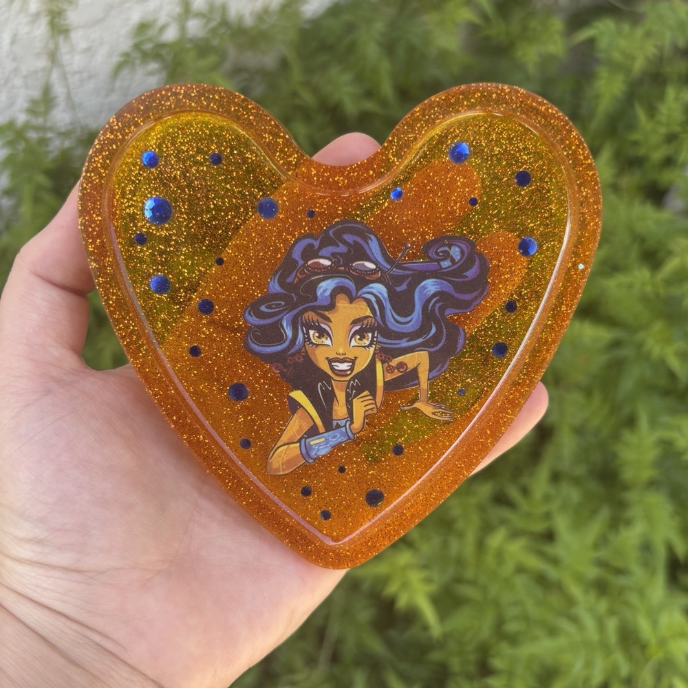 Monster High Robecca Steam Glitter Heart Resin Coaster Orange Blue