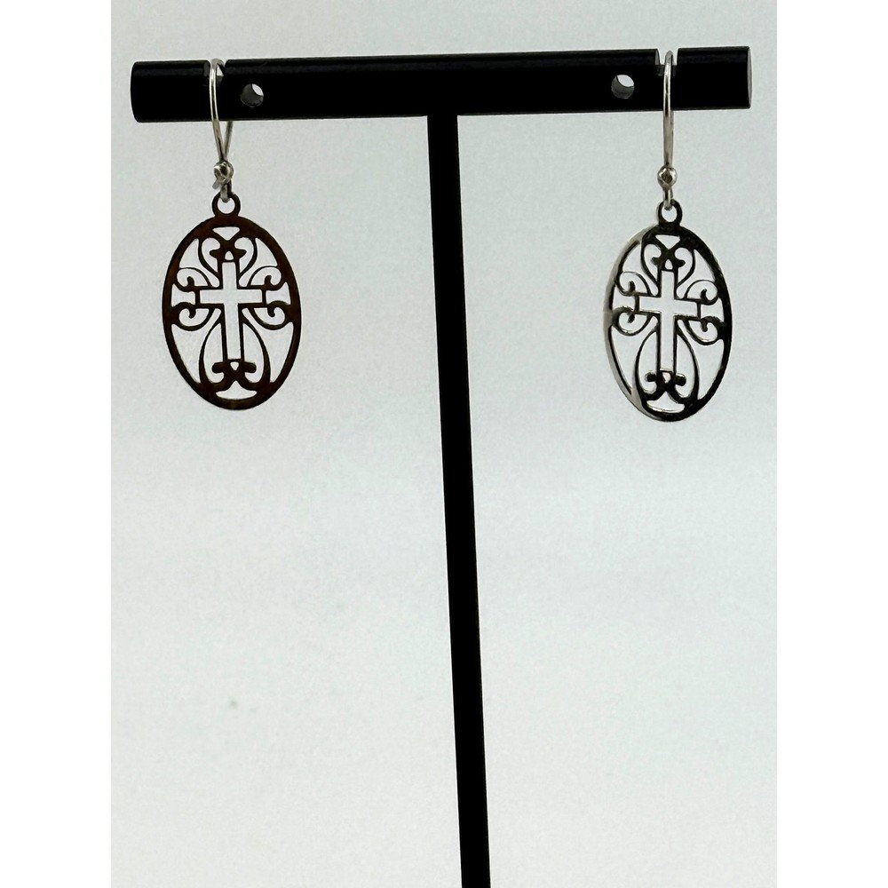 925 Sterling Silver Oval Cross Drop Earrings for Elegant Style