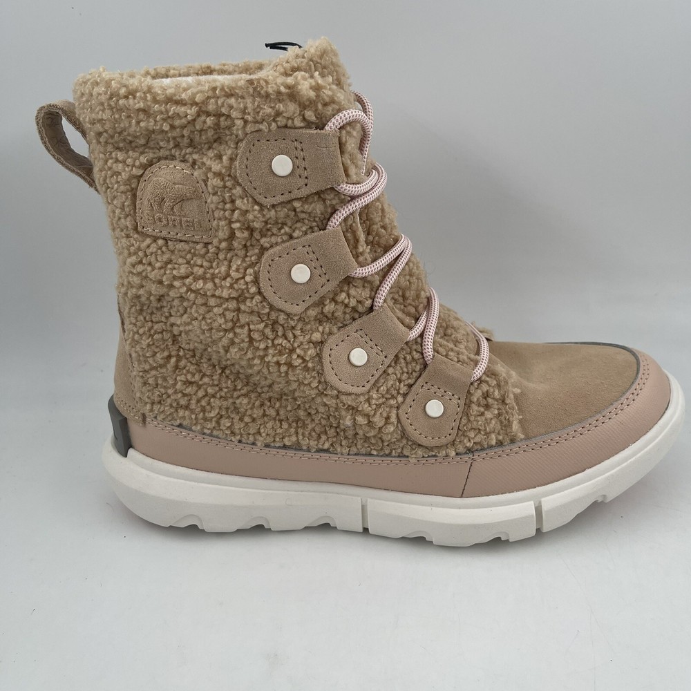 NWT Sorel Womens Explorer II Joan Cozy Lt Tan White Sherpa Boots Size 7.5
