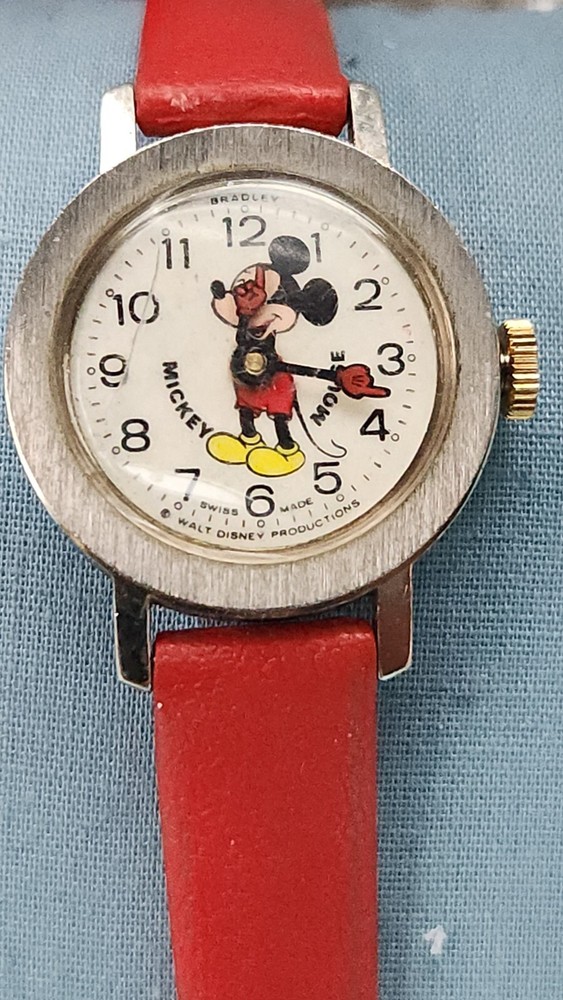 Vintage Mickey Mouse Wrist Watch Walt Disney Articulated Hands Red Band