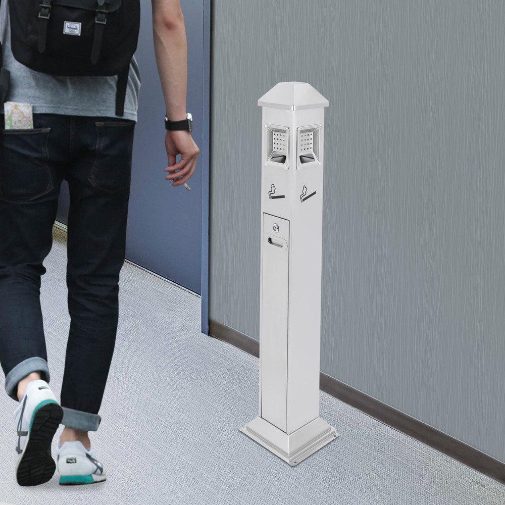 Metal Vertical Trash Bin Cigarette Butts Ash Outdoor Trash Can Container Silver