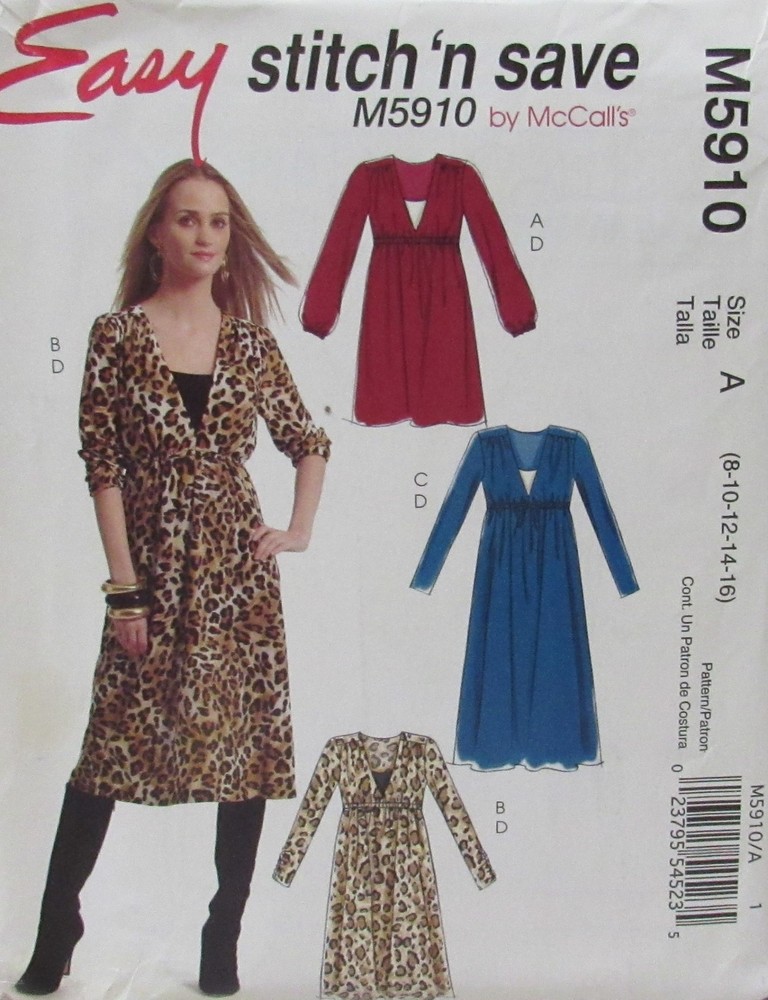 McCalls 5910 Womens Easy Pullover Empire V-Neck Midi Maxi Dress Pattern Sizes 8-16 UNC