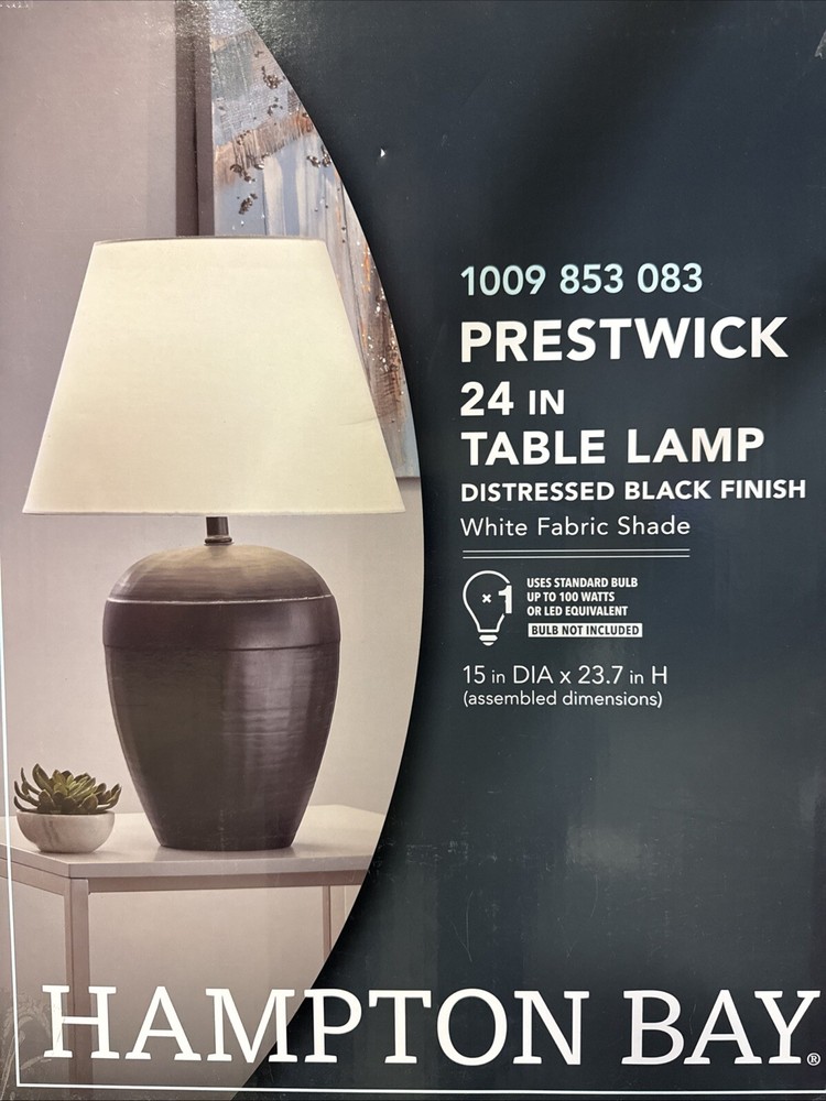 Hampton Bay Prestwick Ceramic Black Table Lamp with White Linen Bell Shade