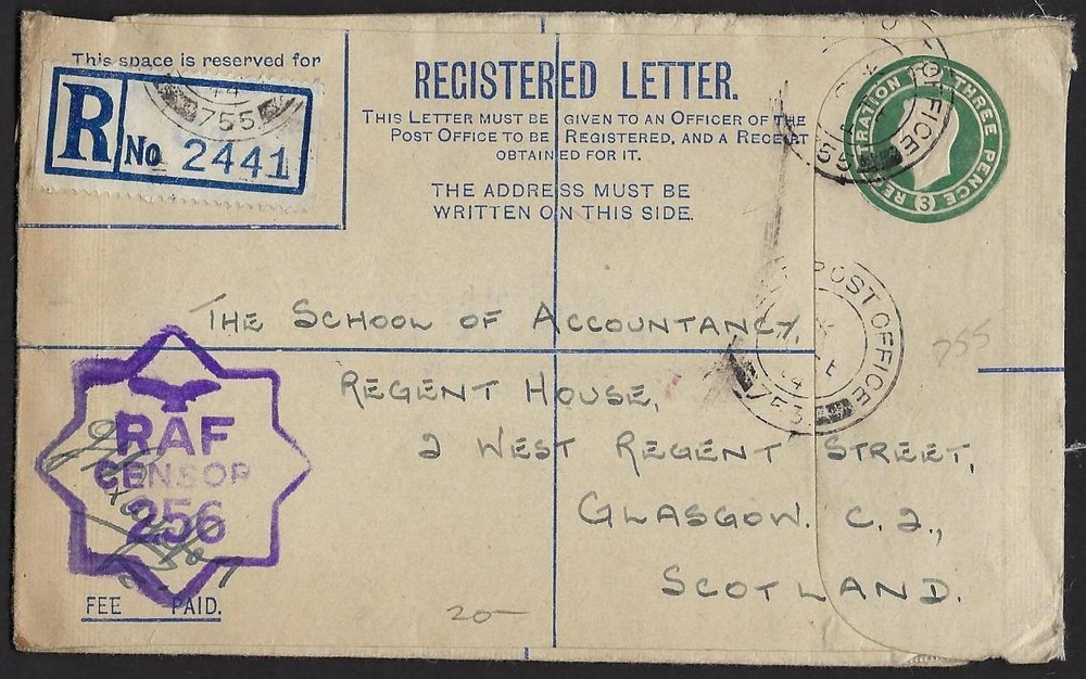 UK GB 1944 WWII REGISTERED FPO 755 TO GLASCOW W/RAF CENSOR FROM SERGEANT HOLMES