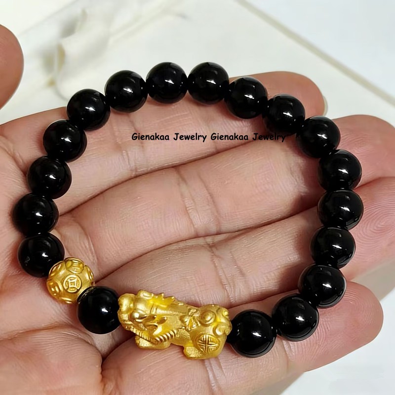 Real 999 24K Yellow Gold 3D Dragon Pixiu Coin Ball Beads Bracelet 1.5-1.7g