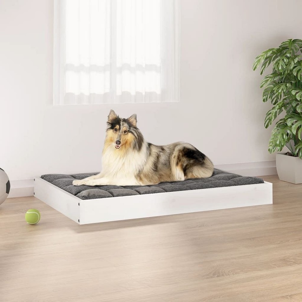 Minimalist white solid pine wood medium dog bed