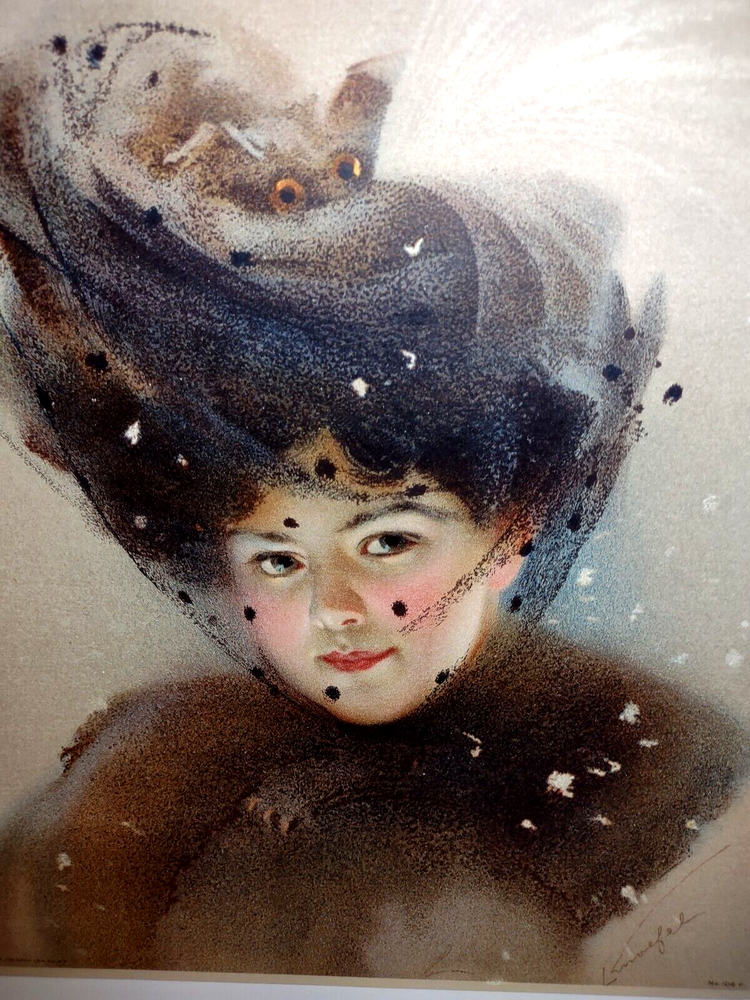 Victorian Veil Hat Lady Art Print Signed Knoefel Gray Litho Co NY 1909