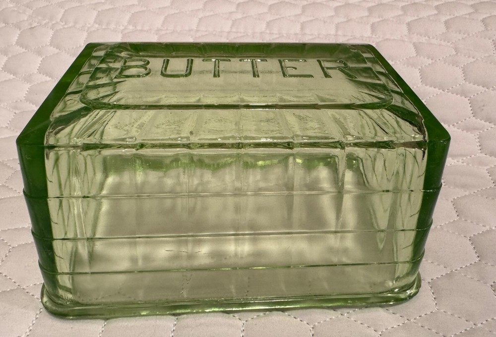 Vintage Green Uranium Glass Butter Dish Lid Block Pattern