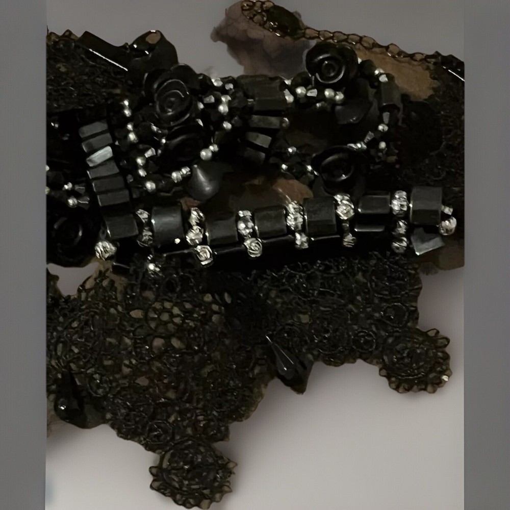 Vintage Goth Victorian Choker Necklace Bracelet Set Magnetic Hematite Black Rose