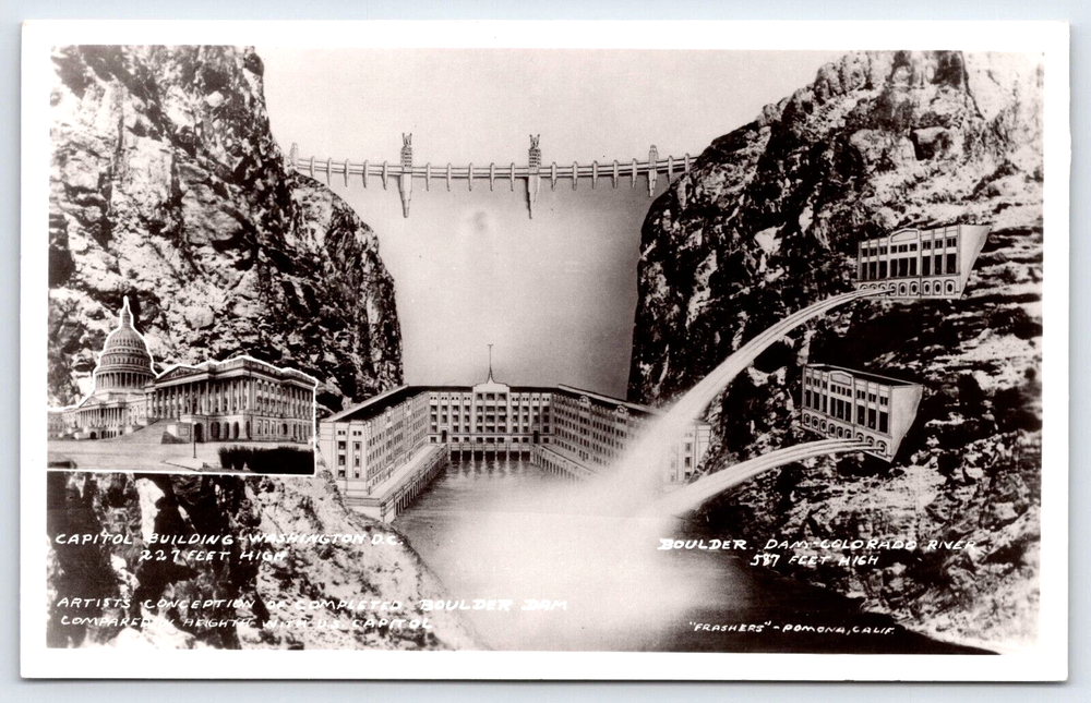 Original Old Vintage Postcard Boulder Dam Artist Conception Colorado River