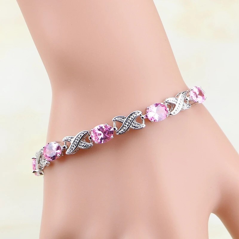 Infinity 925 Sterling Silver Pink CZ Bracelet 7 to 8 Inch Christmas Sale-image