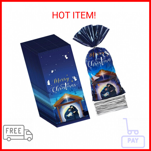 Funrous 100 Pack Holy Nativity Cellophane Gift Bag Religious Christmas Plastic T