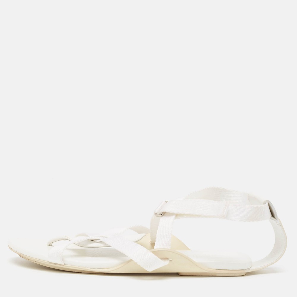 Hermes White Leather and Fabric Strappy Flat Sandals Size 38.5