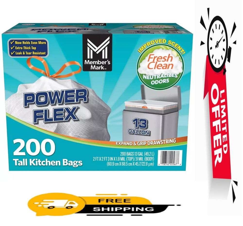 Member's Mark Power Flex Tall Kitchen Drawstring Trash Bags, 13 gal., 200 ct.