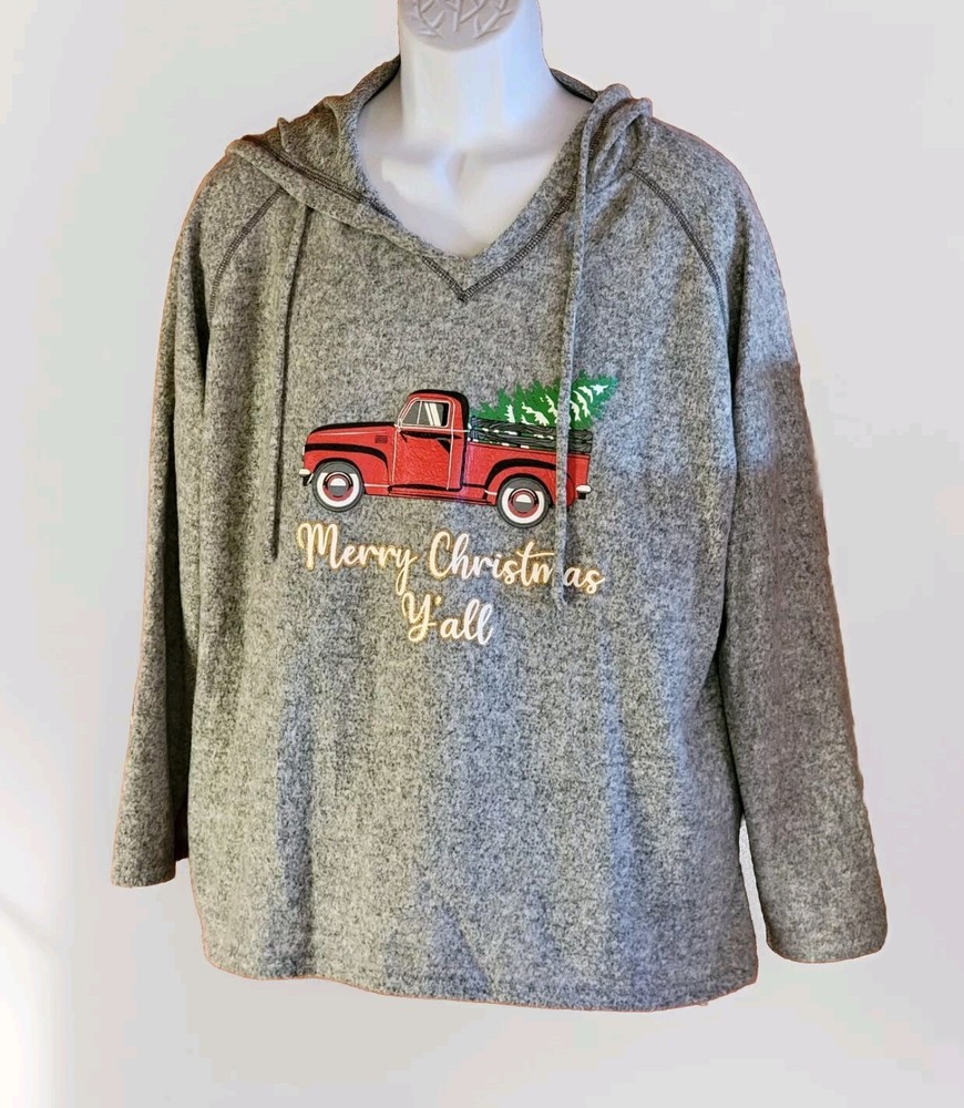 Gray Merry Christmas Yall Red Truck Soft Hoodie for Women in 3XL
