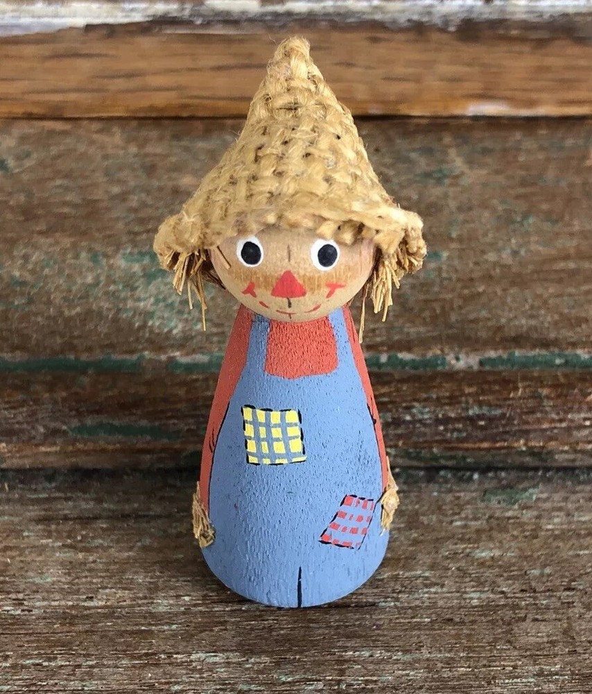 Vintage Handmade Scarecrow Wooden Peg Doll Figurine Figure 2” Tall Hand Painted