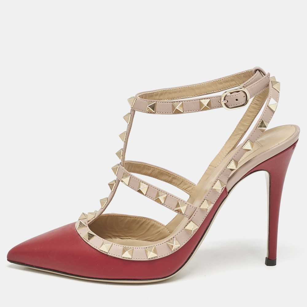 Valentino Burgundy/Dusty Pink Leather Rockstud Caged Ankle Strap Pumps Size 39