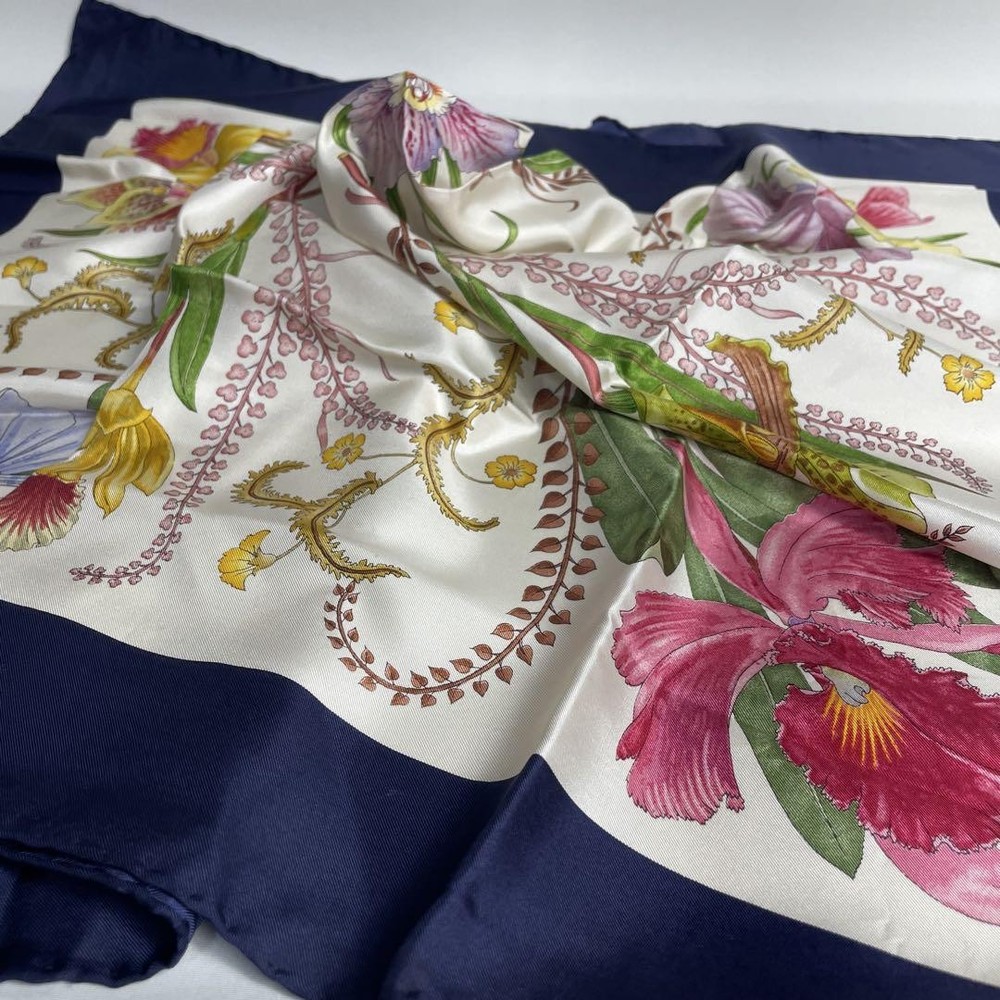 Gucci Silk Scarf Navy Multicolor 2504-123 Authentic From Japan
