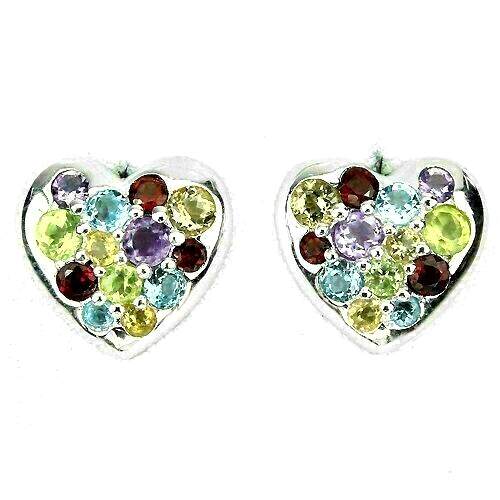 Silver Heart Earrings with Genuine Garnet Citrine Amethyst in Sterling Silver