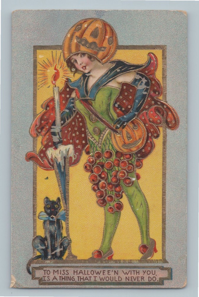 Miss Halloween Woman Pumpkin Head Black Cat Candle Antique Postcard H6