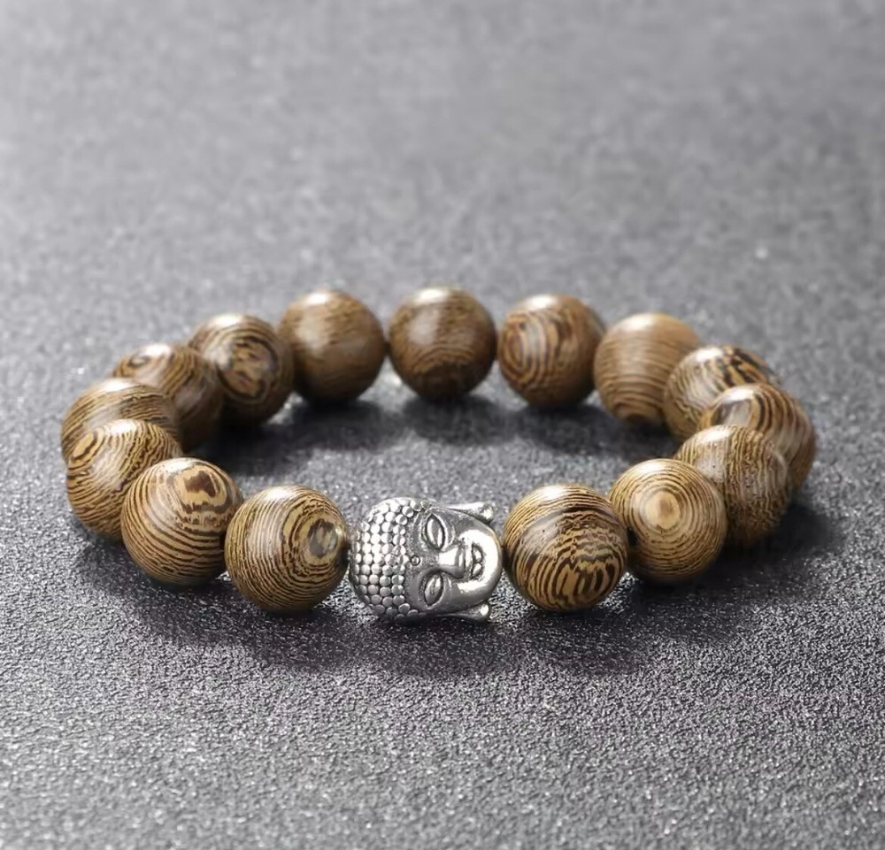 Wooden Buddha Head Prayer Bead Stretch Bracelet Charm Bangles