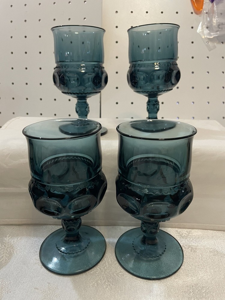 Indiana Glass Kings Crown Thumbprint Wine Goblets in Cooler Blue 6