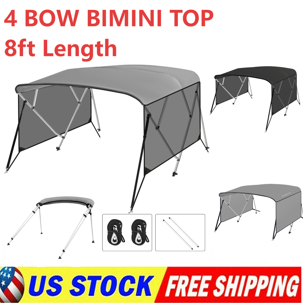 Boat Bimini Top 4 Bow Canopy Cover 8ft Long With Frame & Rear Poles & Sidewalls