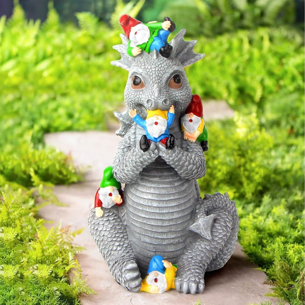 Dragon Gnomes Statues Outdoor Decor, 12” Dinosaur Gnomes Garden Statues,La