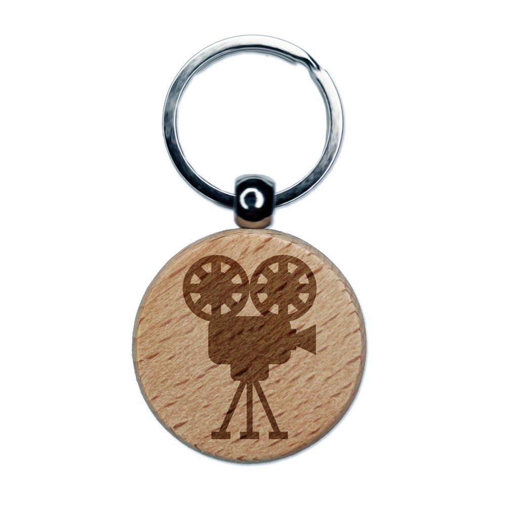 Film Movie Camera Engraved Wood Round Keychain Tag Charm