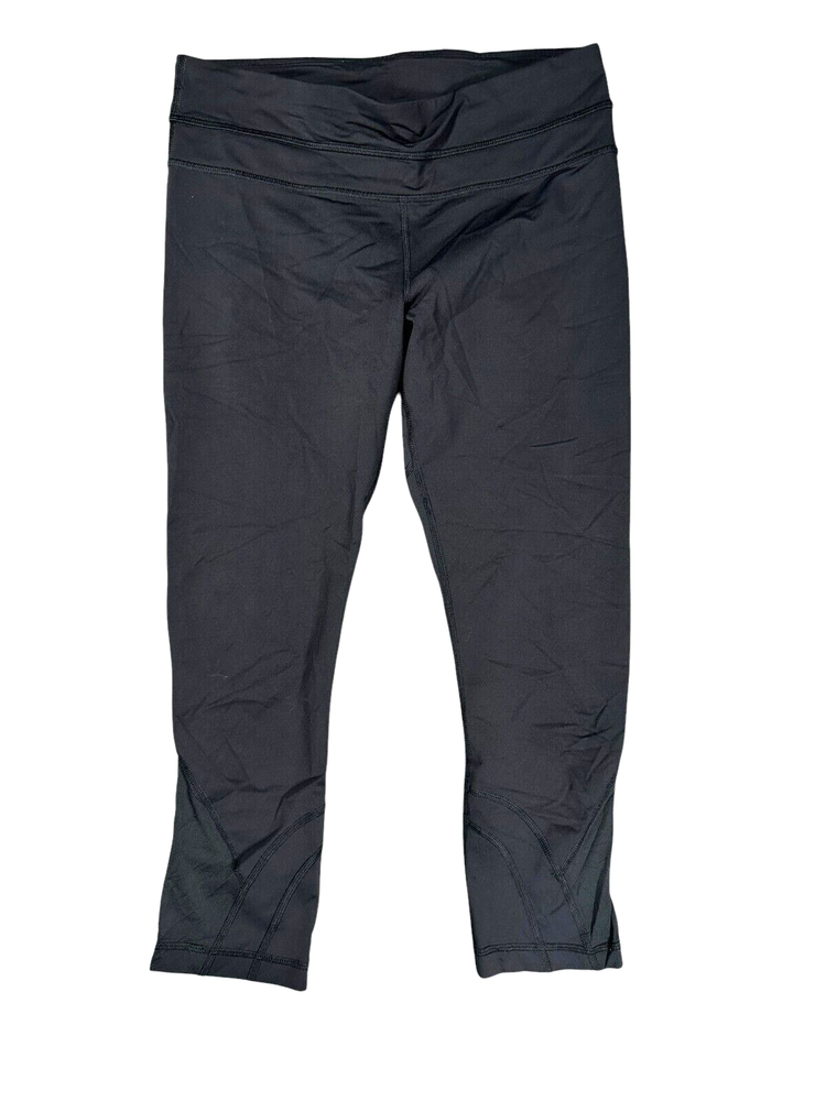 lulmon Black Cropped Running Leggings Size 6 with Back Pocket & Mesh Detail