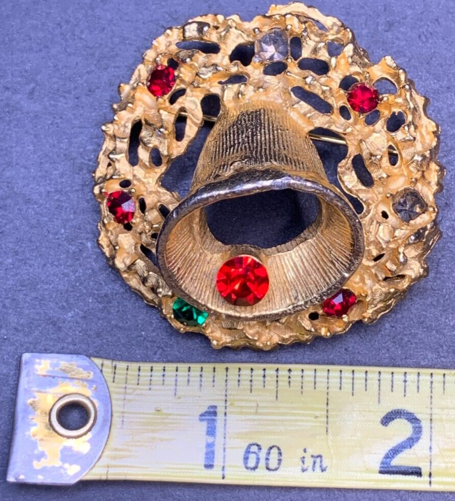 Vintage Gold Tone Wreath Bell Brooch with Crystal Rhinestone Accents