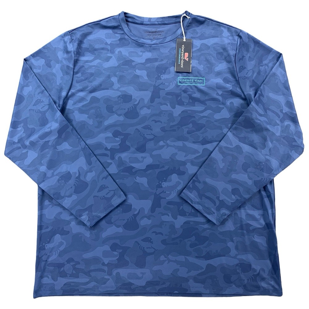 Vineyard Vines Mens Performance LS Graphic Tee Camo Logo Box Harbor Blue Camo XL