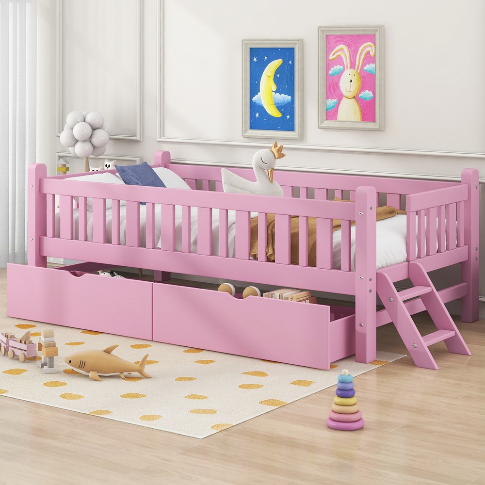 Wood Twin Size Platform Bed Frame with Guardrail 2 Drawers For Kids Girls Pink