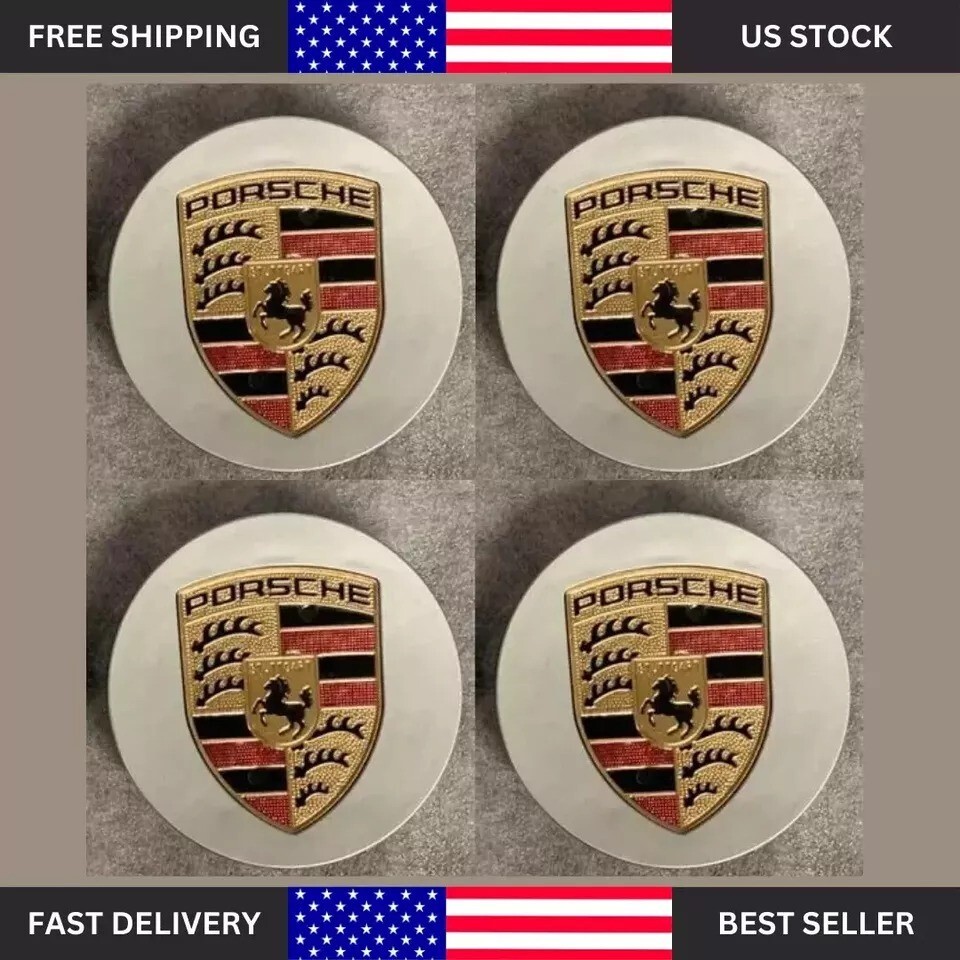 4 Porsche Silver Center Caps Concave 76mm Royal Crest 992 cayenne ,911, Carrera