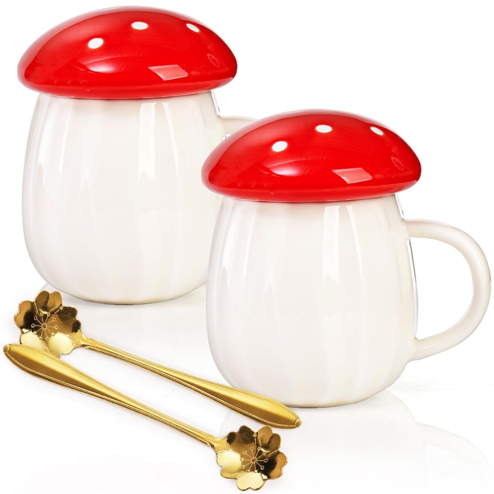 2 Pack 8 Oz Red Ceramic Mushroom Mugs with Lids for Coffee or Tea