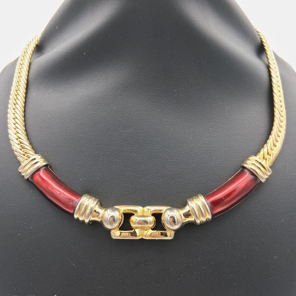 Vtg 80s Gold Tone Red Enamel Statement Choker Necklace 16