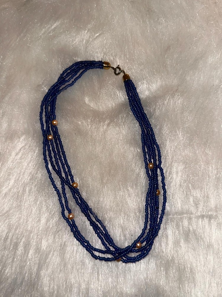 Handcrafted Blue Beaded Necklace with Multilayered Design and Faux Pearls
